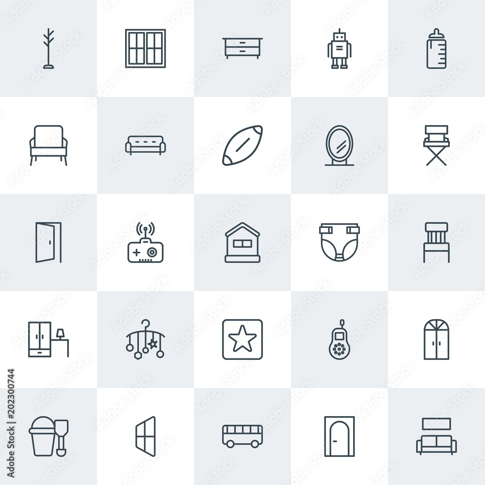 Modern Simple Set of furniture, kids and toys Vector outline Icons. Contains such Icons as sofa,  building, bus,  couch,  interior,  toy and more on white background. Fully Editable. Pixel Perfect.