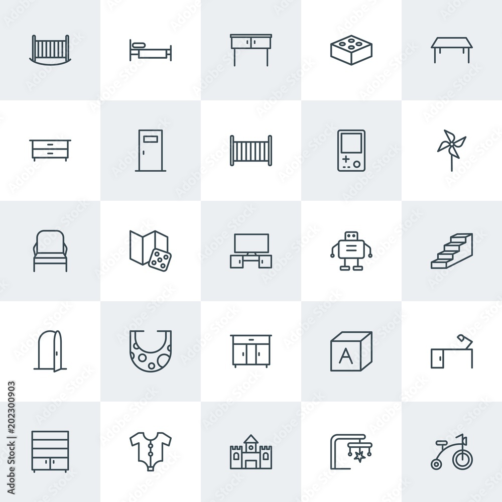 Modern Simple Set of furniture, kids and toys Vector outline Icons. Contains such Icons as  home,  business,  wardrobe,  clothing,  toddler and more on white background. Fully Editable. Pixel Perfect.