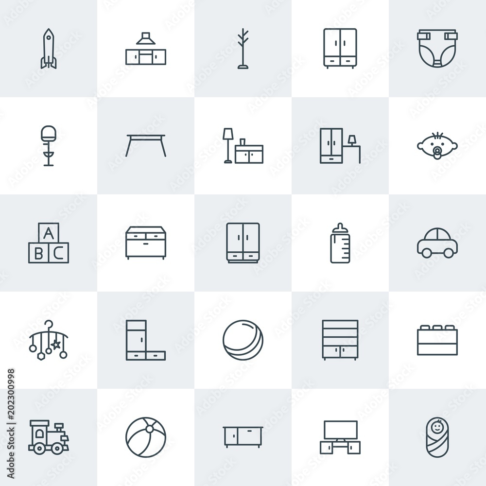 Modern Simple Set of furniture, kids and toys Vector outline Icons. Contains such Icons as  television,  clothes,  wooden, stand,  clothing and more on white background. Fully Editable. Pixel Perfect.