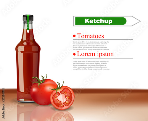 Ketchup Bottle Vector realistic mock up. Product packaging detailed design. Organic tomatoes detailed products