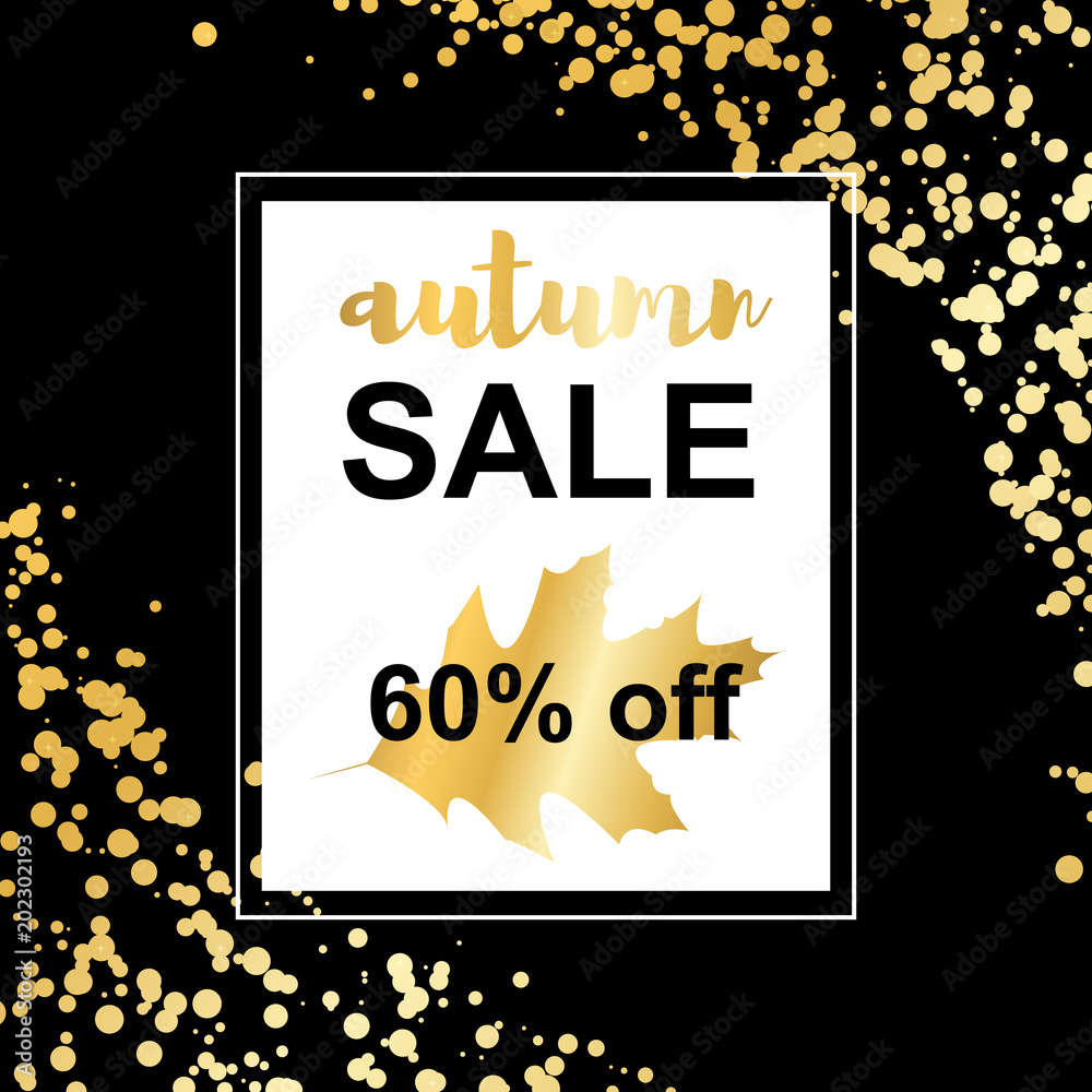 Vector Illustration. Gold autumn sale card on confetti backgroun. Golden template discount with autumn leaf