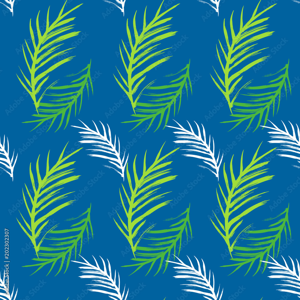 Vector Illustration. Hand draw tropical leafs pattern on blue background. Tropical design texture Vector Illustration. Hand draw tropical leafs pattern on blue background. Tropical design texture