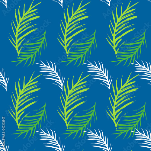 Vector Illustration. Hand draw tropical leafs pattern on blue background. Tropical design texture © Olha