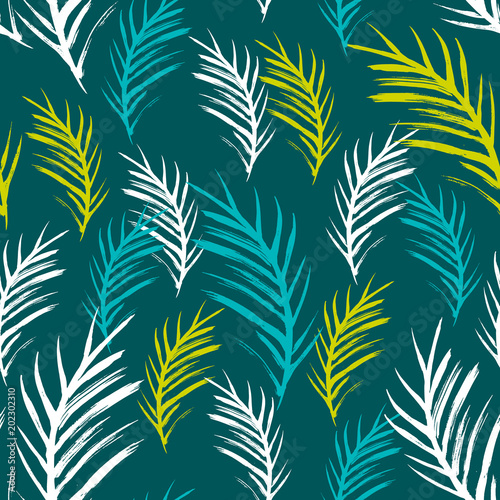 Vector Illustration. Hand draw tropical leafs pattern on green background. Tropical design texture © Olha