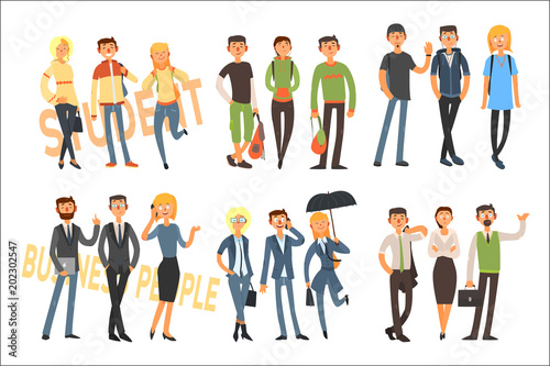 Cheerful students and business people. Young girls and guys in casual outfit. Office workers in formal clothes. Flat vector set
