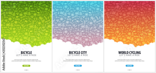 Set of Bicycle riding poster with doodle background. Sport, active lifestyle. Vector illustration
