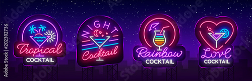 Cocktail collection logos in neon style. Collection of neon signs, Design template on the theme of drinks, alcoholic beverages. Bright advertising for cocktail bar, party, club. Vector. Billboard