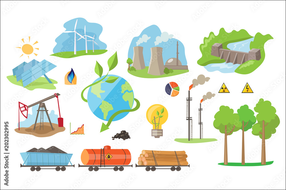 Naklejka premium Alternative electricity production icons. Environmentally eco-friendly sources of power. Flat vector elements