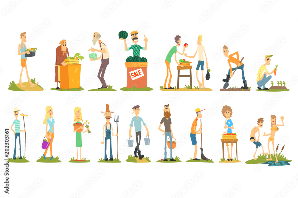 Flat vector set of farmers doing their job selling vegetables, cultivating, gardening and harvesting. Young and old people