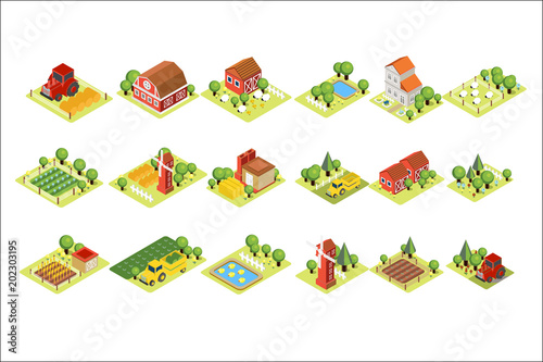Isometric farm set. House, fields with harvest, grazing sheep, windmills, agricultural machines and wooden barns. Vector elements for mobile game