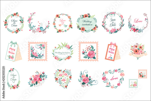 Vector set of beautiful floral frames, borders and labels. Save the date. Graphic elements for wedding invitation, romantic postcard or print