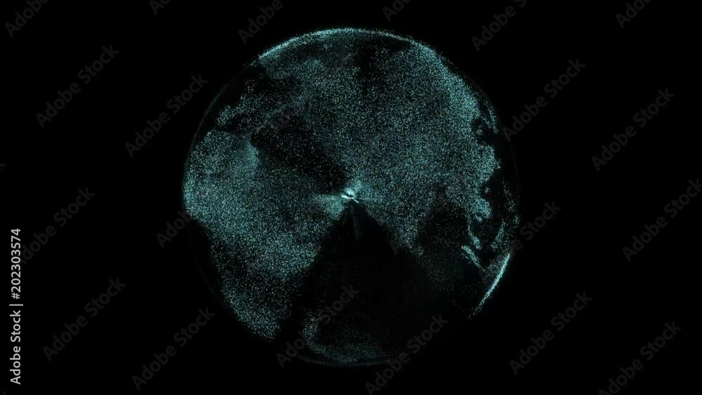 Futuristic digital earth forms from particles and spins with bright continents of computer pixels. Modern digital age, global connectivity and distributed cryptocurrency blockchain concept. Ultra HD