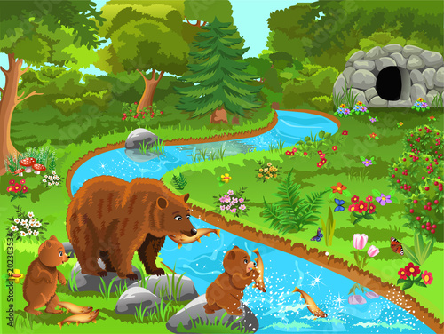 vector illustration of a bear family coming to the river to eat fish