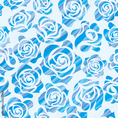 バラのイラスト（筆タッチ　ブルー）｜薔薇の模様の連続柄｜シームレスデザイン｜背景イラスト
