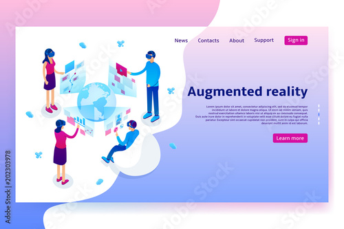 Virtual augmented reality concept. Modern Concept of with people learning different information in VR glasses. Vector Illustration with isometric men and women.