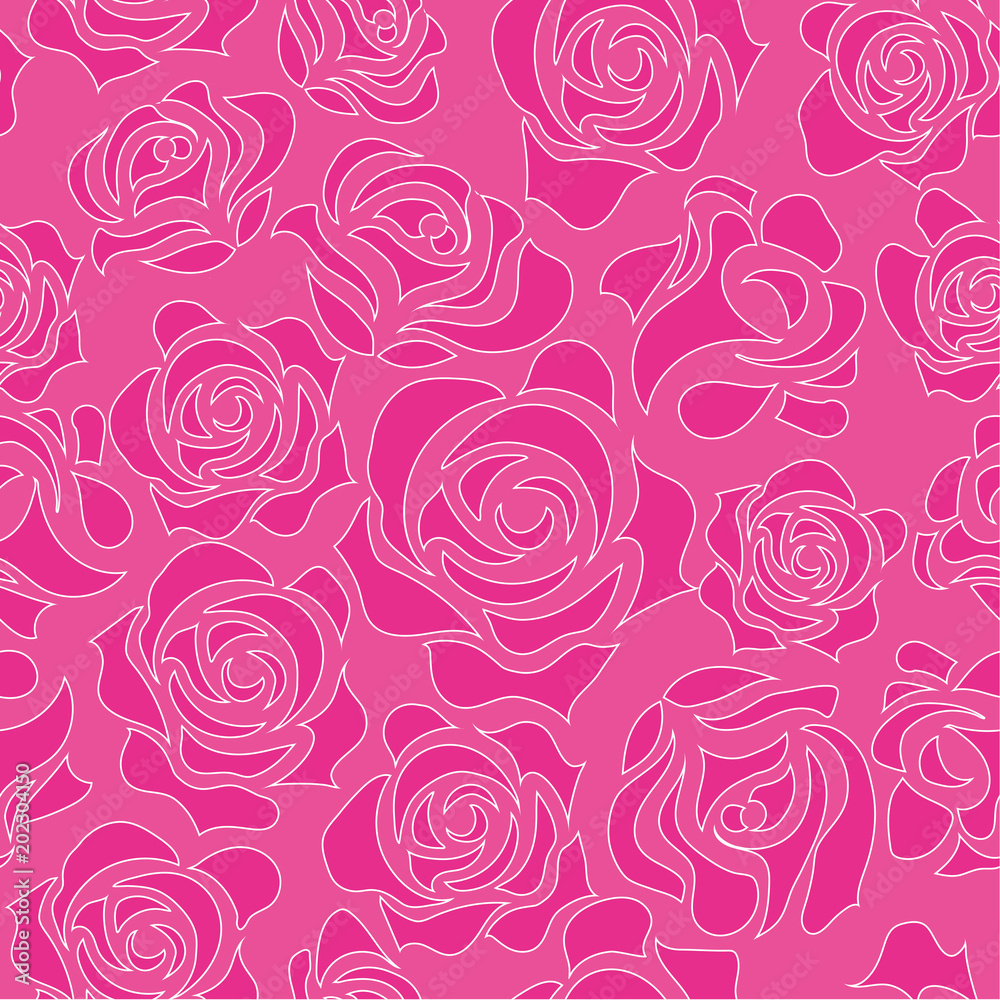 バラのイラスト 線画 ピンク 薔薇の模様の連続柄 シームレスデザイン 背景イラスト Stock ベクター Adobe Stock