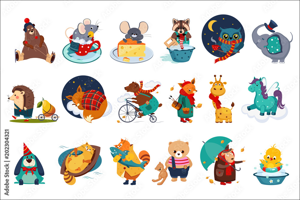 Flat vector set of fairy animals in different actions. Cute cartoon characters. Colorful design for children book, print or postcard