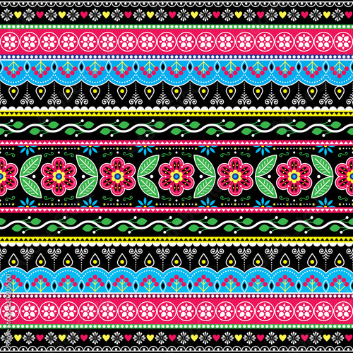 Pakistani truck art floral seamless folk art pattern, Indian Jingle trucks vector design,  vivid ornament with flowers and abstract shapes