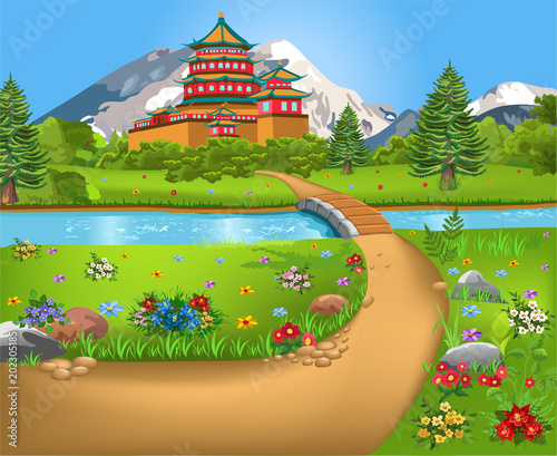 natural landscape with a Chinese temple in the middle, a river and a bridge and a path