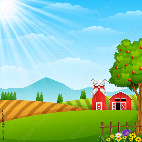 Farm landscape with shed and windmill 