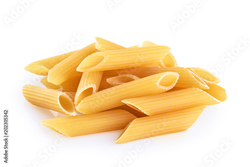 Penne rigate pasta isolated on white background. Raw.