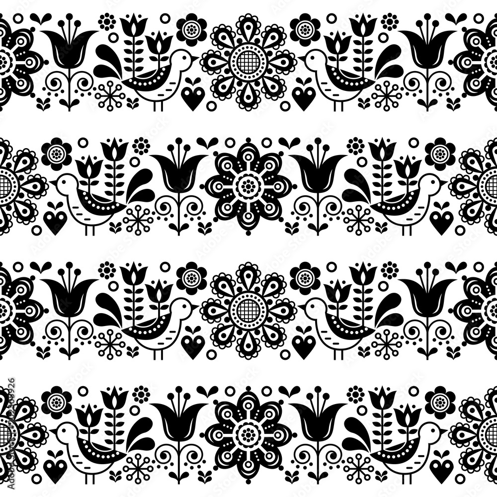 Folk art seamless vector floral pattern, Scandinavian black and white repetitive design, Nordic ornament