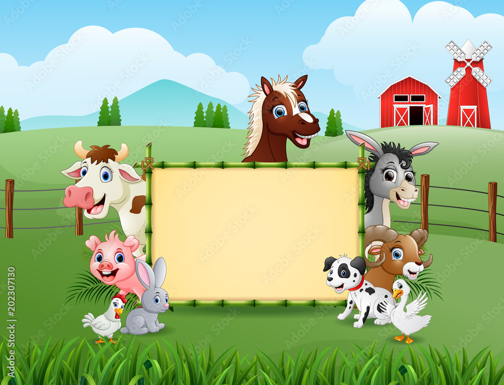 Farm animals with a blank sign bamboo Farm animals with a blank sign bamboo