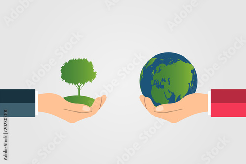 The world in your hands ecology concept.Green cities help the world with eco-friendly concept idea.with globe and tree background.vector illustration