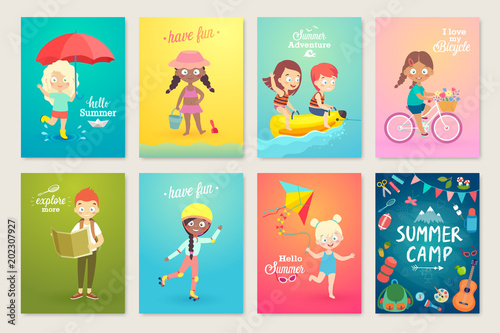 Summer Kids card set, swimming, playing on the beach, camping and having fun