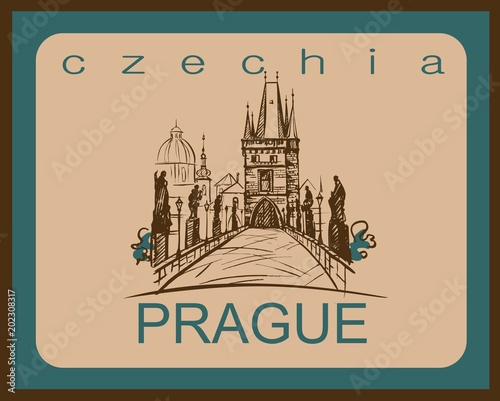 Travel. A trip to the Czech Republic. The City Of Prague. Sketch. The Charles bridge. The design concept for the tourism industry. Vector illustration.