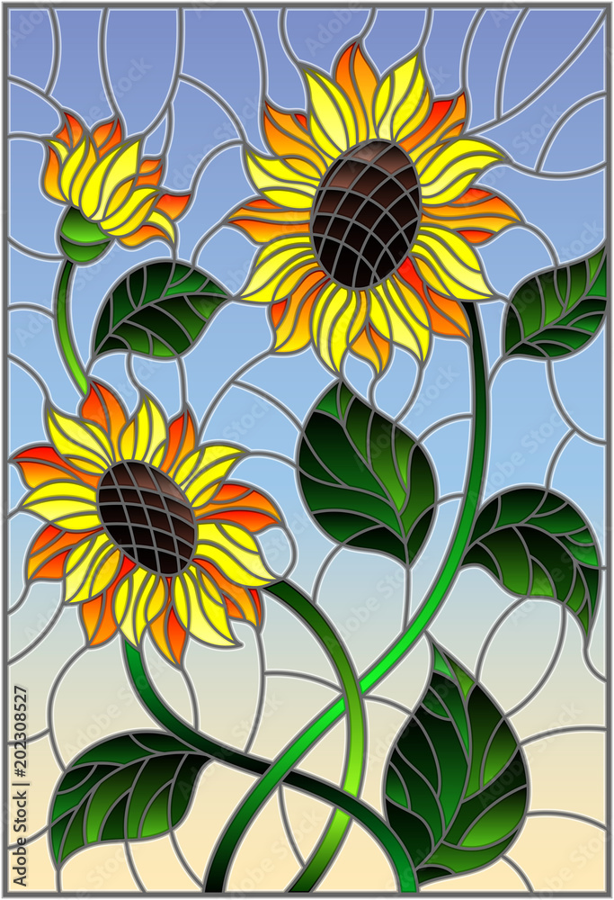 Fototapeta premium Illustration in stained glass style with a bouquet of sunflowers, flowers,buds and leaves of the flower on blue background