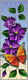 Illustration in stained glass style with bright butterfly against the sky, foliage and flowers,on sky background, vertical orientation