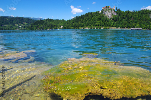 Lake Bled and mountains.