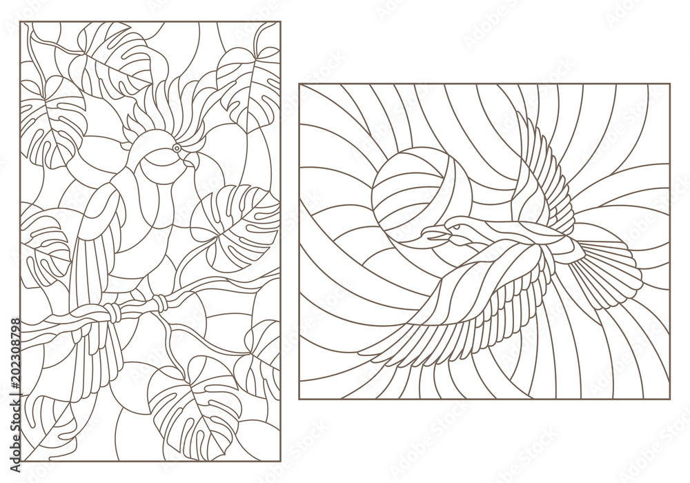 Set contour illustrations of stained glass with birds, a parrot on the branches of plants and the crows against the sky , dark outlines on a white background
