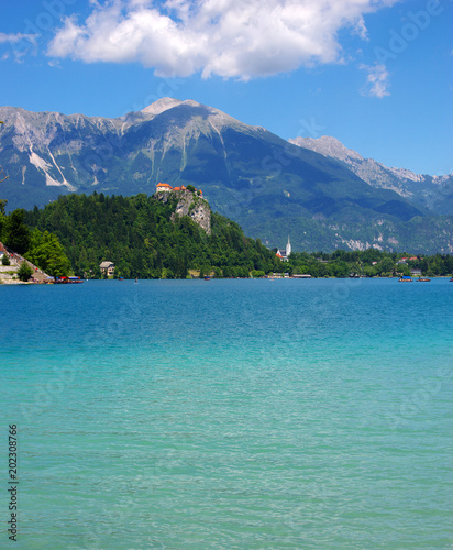 Lake Bled and mountains.