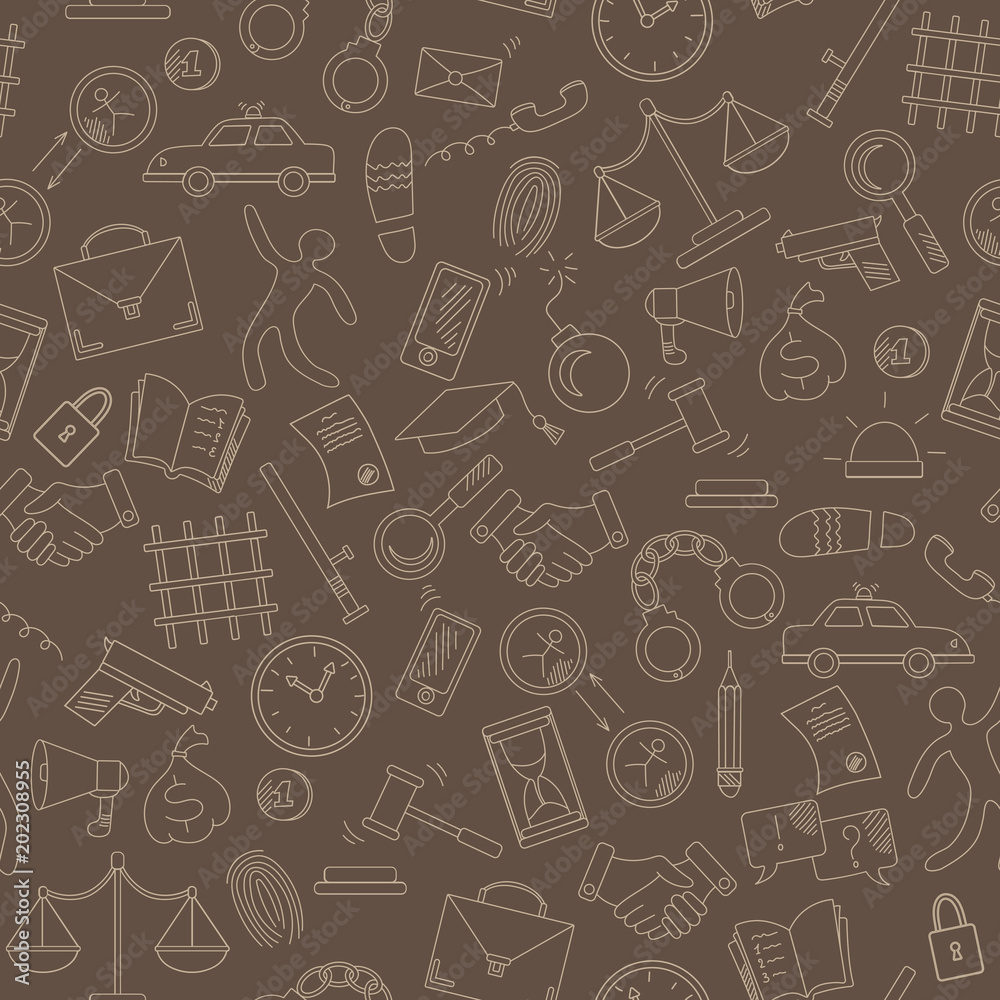 Seamless pattern with hand drawn icons on the theme of law and crimes, beige outline on a brown background Seamless pattern with hand drawn icons on the theme of law and crimes, beige outline on a brown background