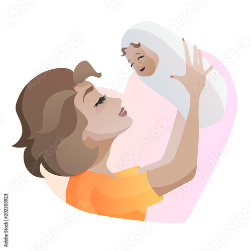 Young mother with baby in hands. Throwing up baby.