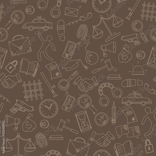Seamless pattern with hand drawn icons on the theme of law and crimes, beige outline on a brown background