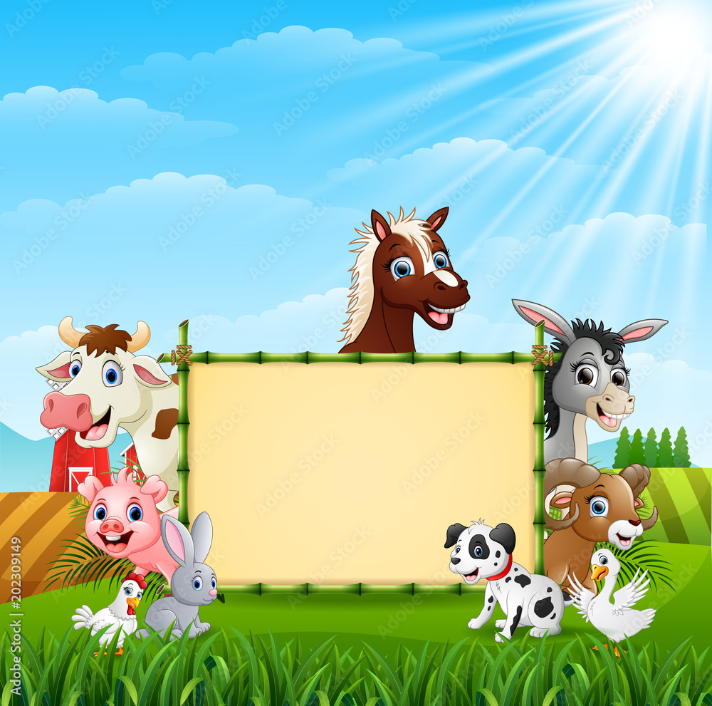 Obraz premium Farm animals with a blank sign bamboo