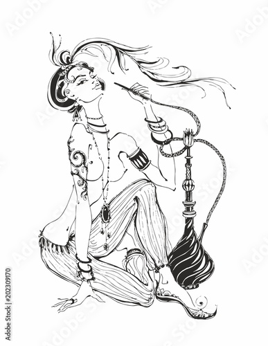 Attractive, Oriental, Arab girl Smoking hookah. The Hookah Pipe. Girl in a turban. Vector Illustration