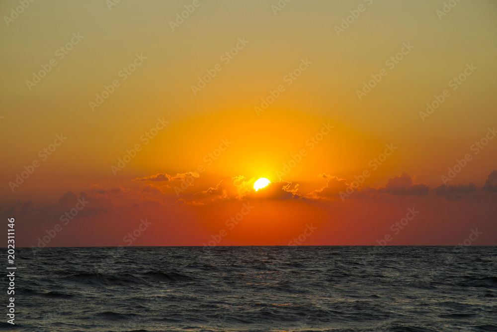 Beautiful colourful sunrise on the sea. Kerch Strait