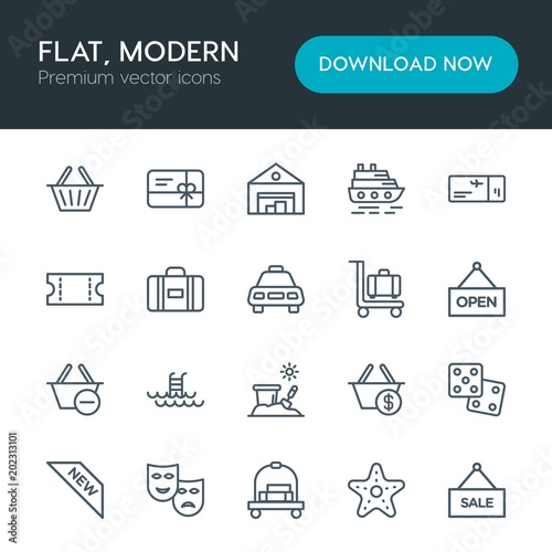 Modern Simple Set of hotel, shopping, travel Vector outline Icons. Contains such Icons as ocean, card, label, risk, background, ticket and more on white background. Fully Editable. Pixel Perfect
