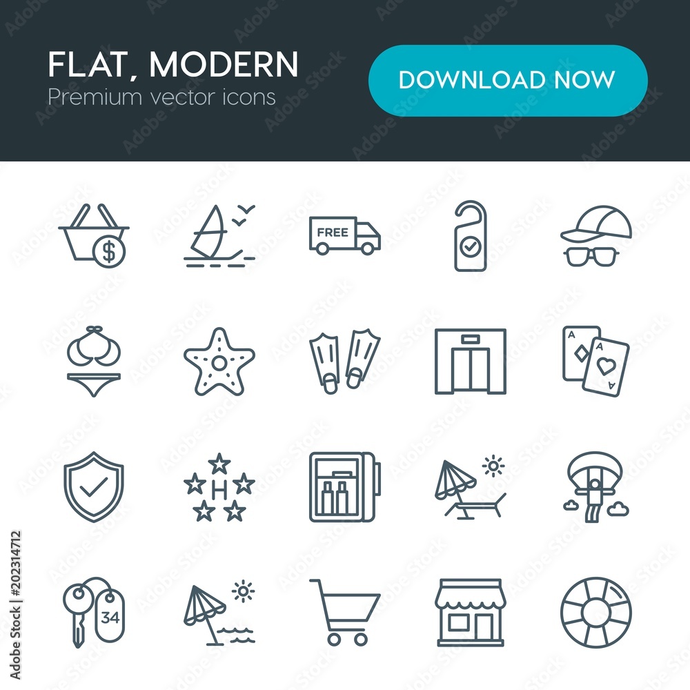 Fototapeta premium Modern Simple Set of hotel, shopping, travel Vector outline Icons. Contains such Icons as shipping, sign, paragliding, save, circle and more on white background. Fully Editable. Pixel Perfect