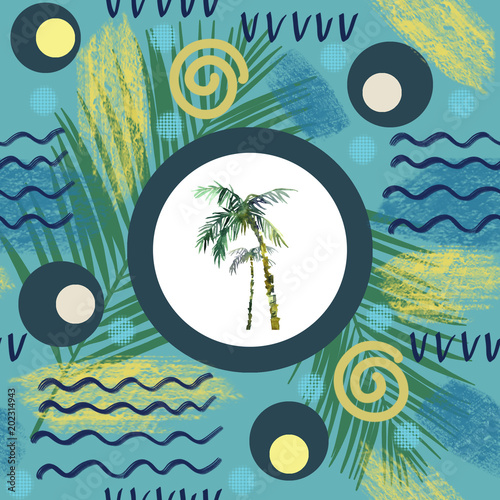 Abstract summer seamless pattern. Watercolor palm tree, brush strokes. Watercolor background in minimalistic styld painted tropical illustration. photo