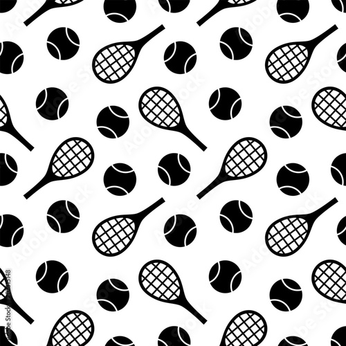 Tennis print. Seamless vector pattern black tennis balls and racket on white background