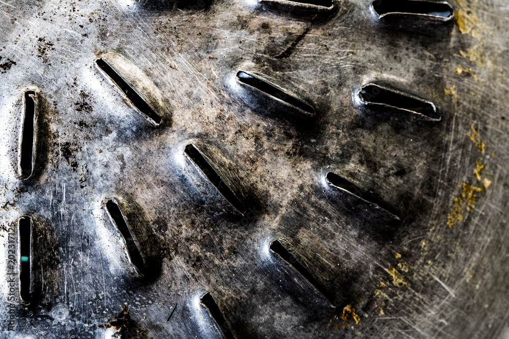 Close-up Old Frying pan with holes for grilling,Dirty Frying pan Close-up Old Frying pan with holes for grilling,Dirty Frying pan
