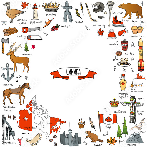 Hand drawn doodle Canada icons set Vector illustration isolated symbols collection of canadian symbols Cartoon elements: bear, map, flag, maple, beaver, deer, goose, totem pole, horse, hockey, poutine