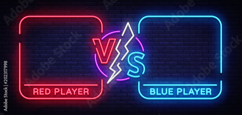 Versus screen design in neon style. Neon banner Announcement of two fighters. Blue futuristic neon VS leaves. Competition vs match game, martial battle vs sport. Vector illustration
