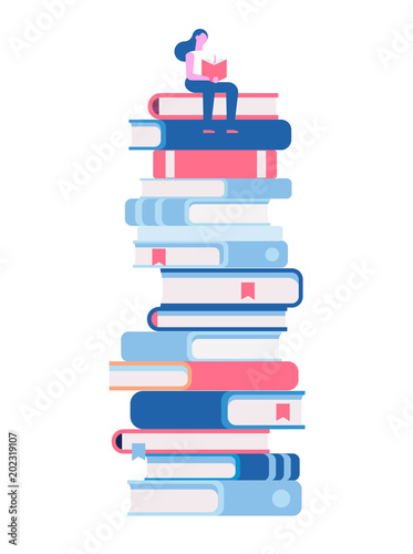 Girl sitting and reading on a huge stack of books. Cartoon flat vector illustration isolated on white background.