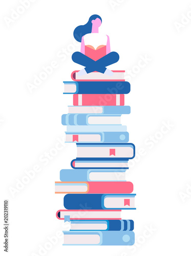Girl sitting and reading on a huge stack of books. Cartoon flat vector illustration isolated on white background.